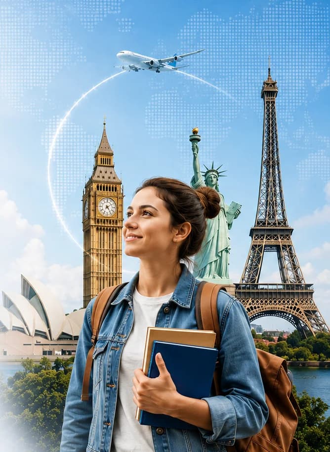 İŞTUR ABROAD ile yurtdışında eğitim gören öğrenci; Big Ben, Özgürlük Anıtı, Eyfel Kulesi ve Sidney Opera Binası
